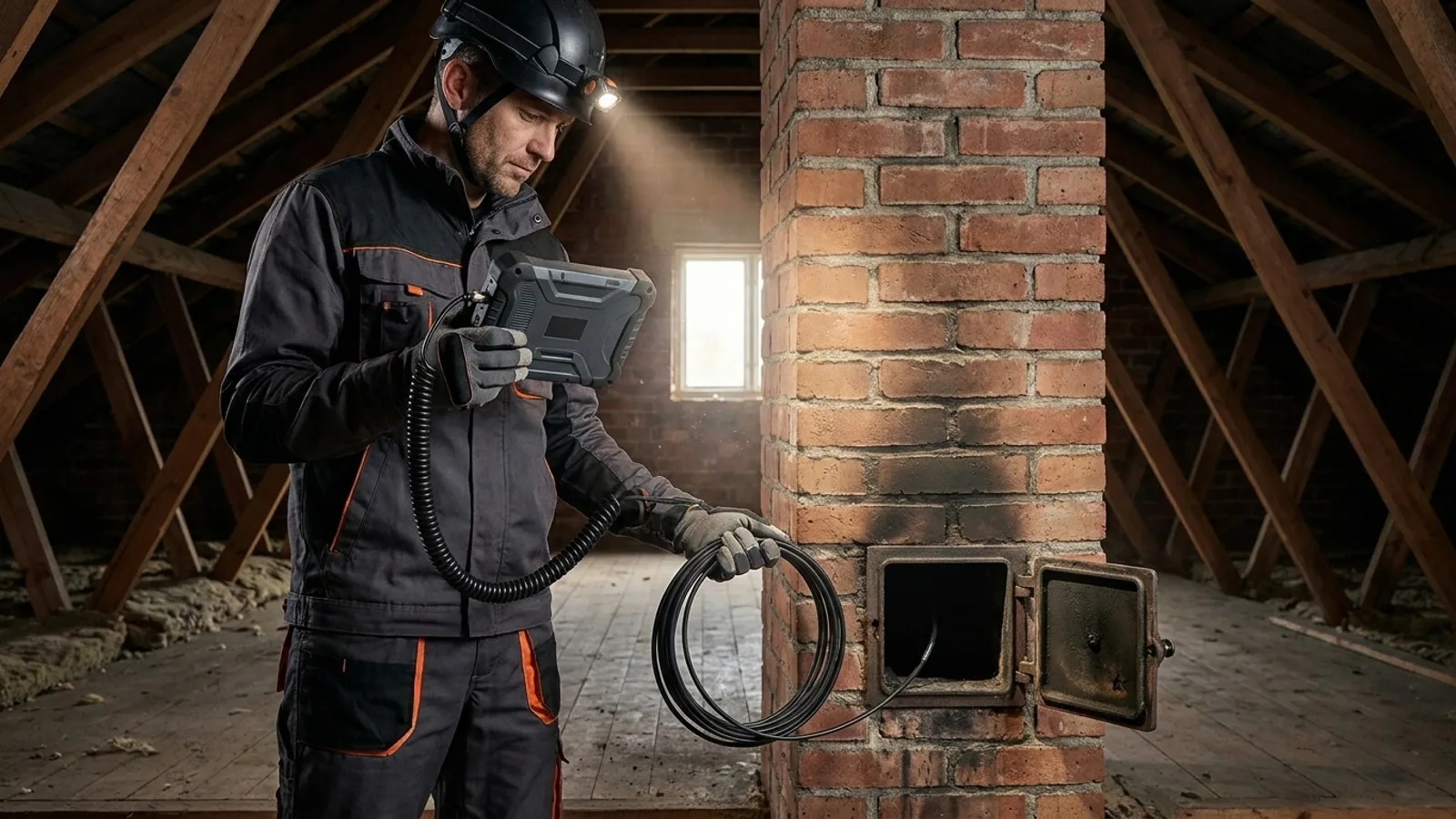 Technik wprowadza sondę kamery inspekcyjnej do wyczystki muru kominowego podczas oceny stanu przewodu