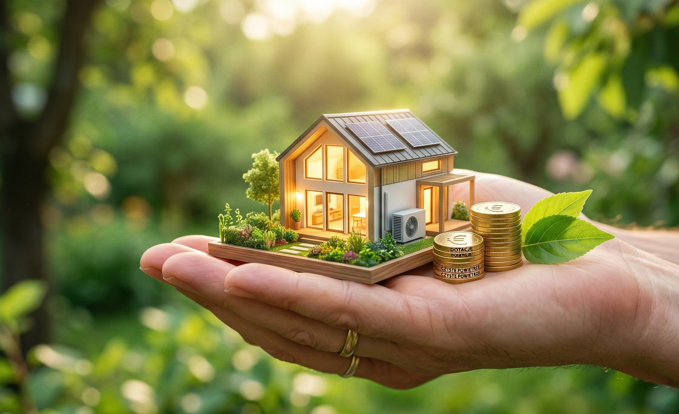 Makieta domu trzymana w dłoniach wraz z symbolem monety z logo dotacji Czyste Powietrze
