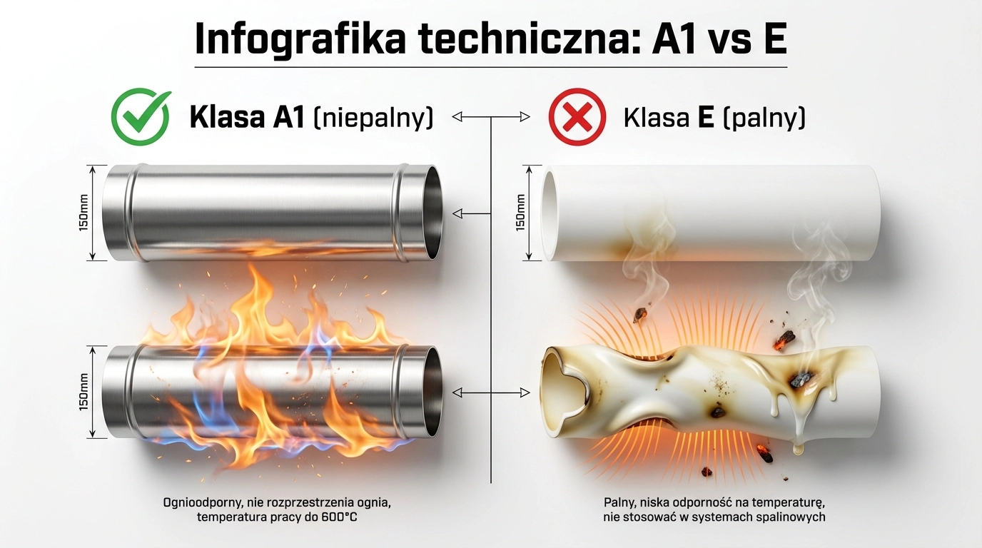 Schemat porównujący klasy palności materiałów budowlanych — A1 wymagane przez §266 vs klasa E stosowanego PP