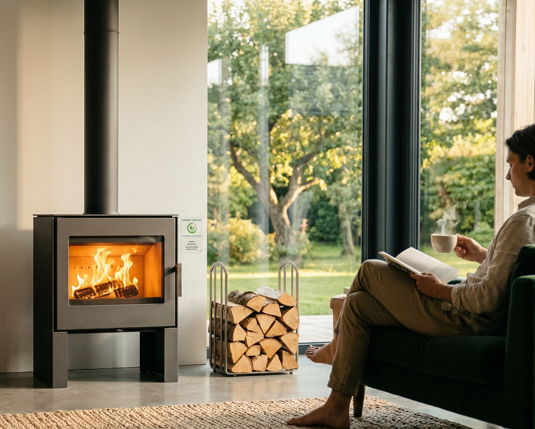 Minimalistyczny salon z nowoczesnym piecem wolnostojącym i podłączonym czarnym, stalowym przewodem spalinowym