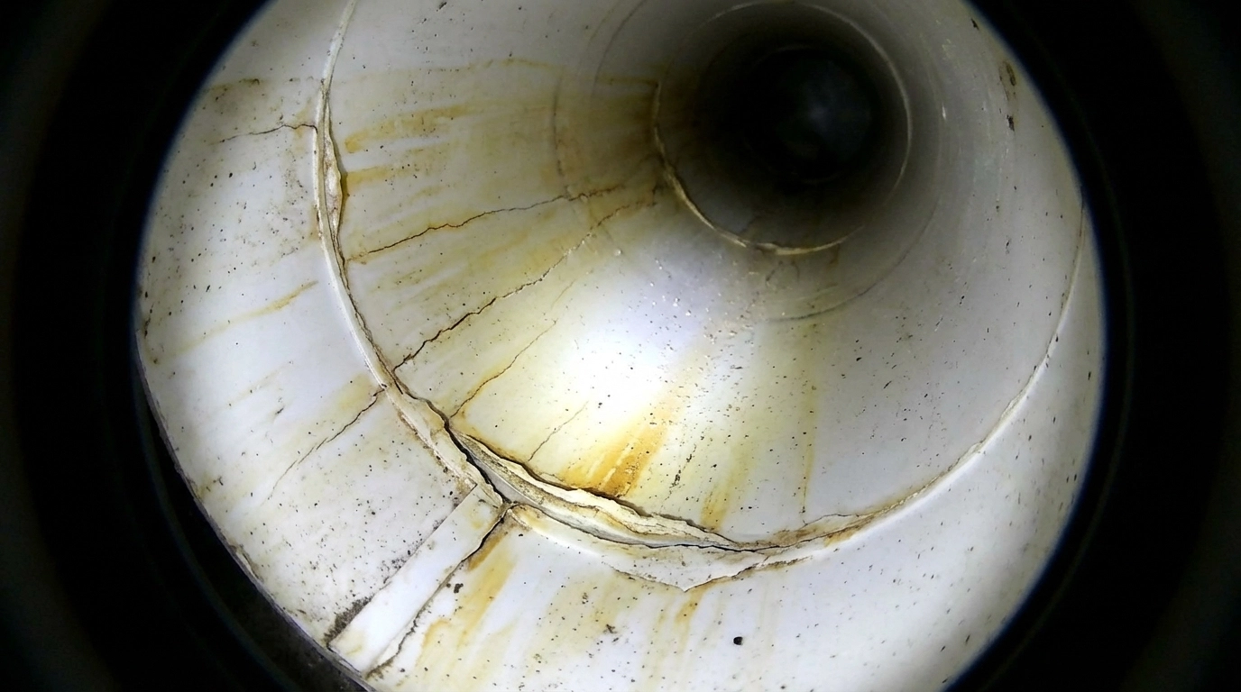 Widok z kamery inspekcyjnej — pożółknięcie i podłużne pęknięcia w ściance rury PP po kilku sezonach eksploatacji