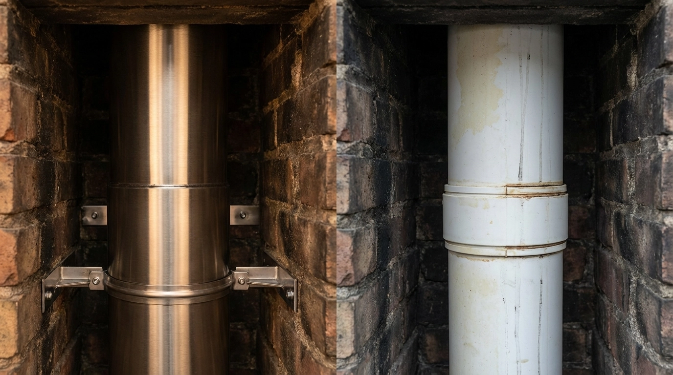 Porównanie: stalowy wkład kominowy 316L w szachcie murowanym versus oznaki degradacji PP po kilku sezonach