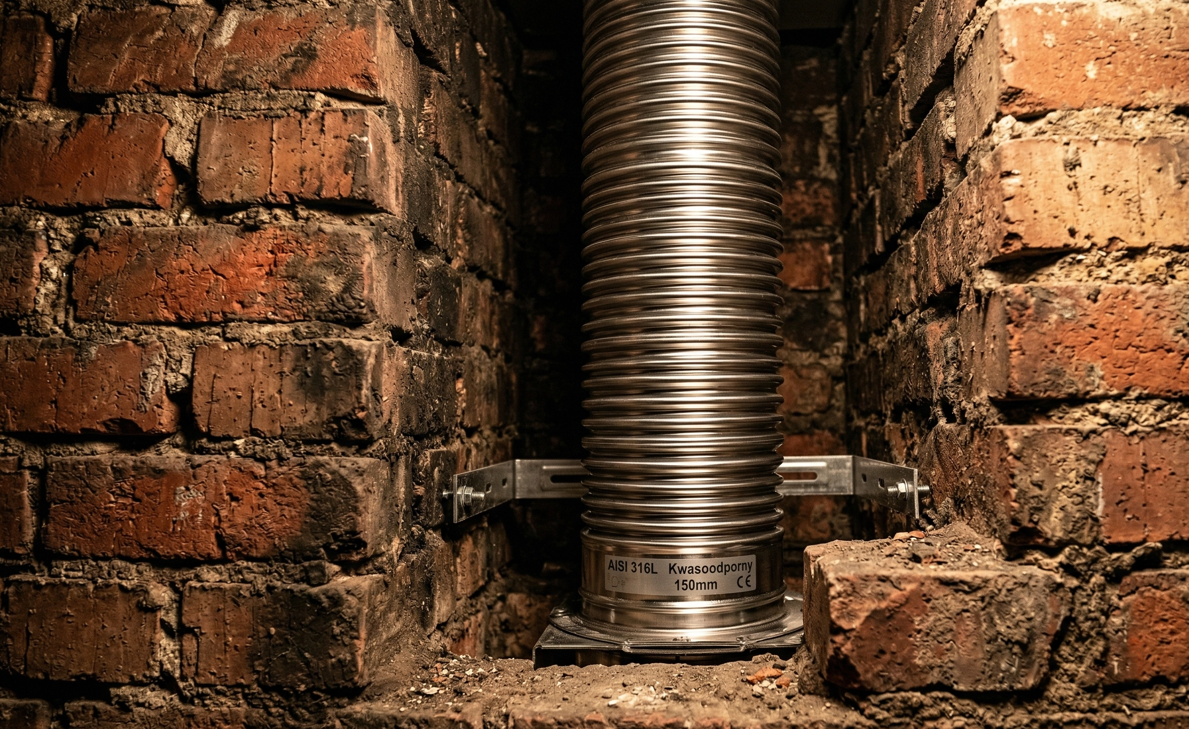 Zbliżenie na precyzyjnie osadzony, karbowany wkład ze stali kwasoodpornej wewnątrz starego, ceglanego komina